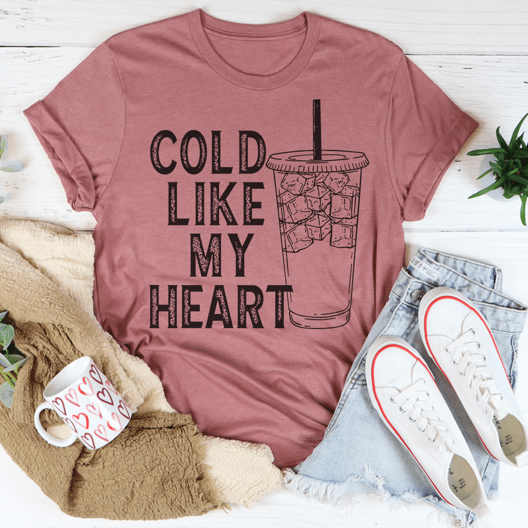 Cold Like My Heart Tee made from soft ring-spun cotton, featuring double stitching for durability, available in various sizes.