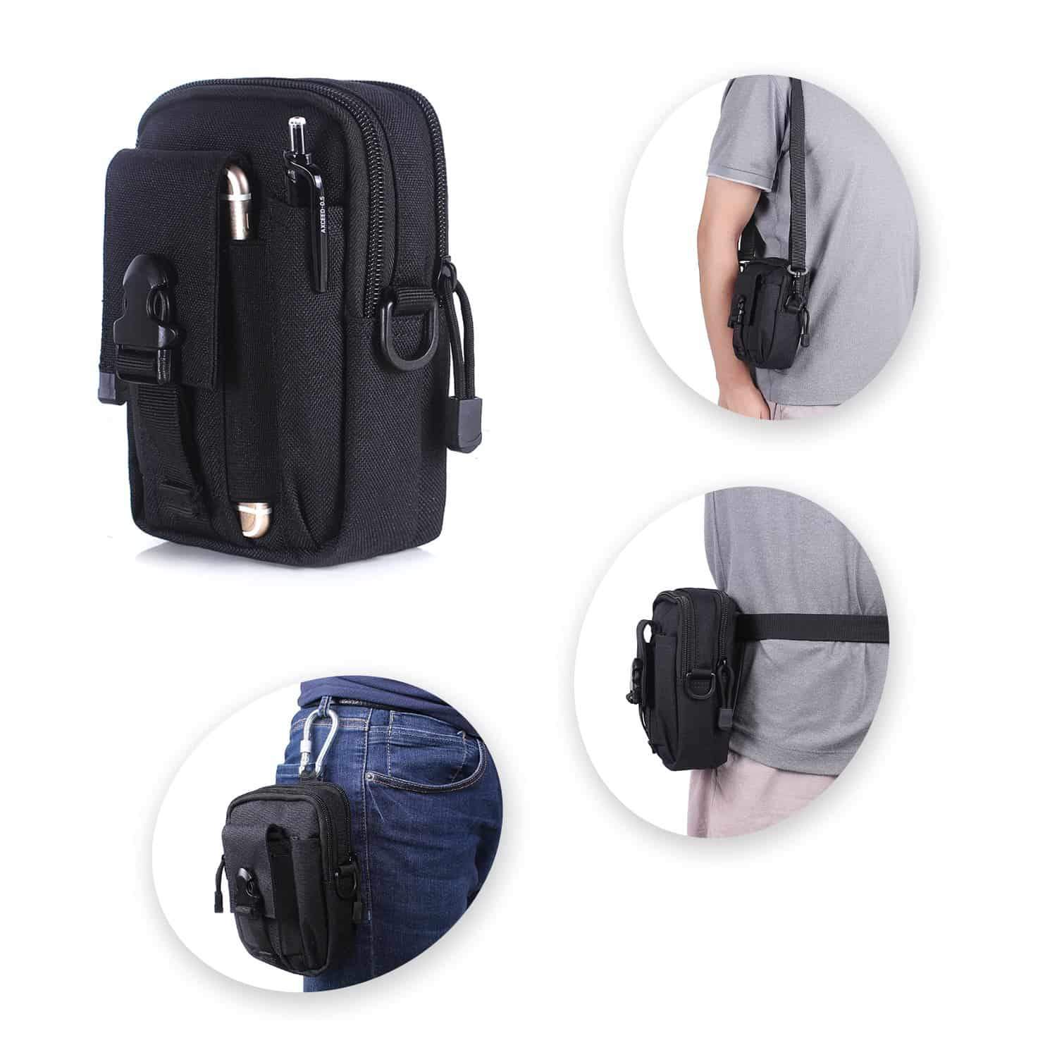 Compact Multi-Purpose Gadget Pouch Waist Bag in black, featuring multiple pockets and Molle system for versatile storage.