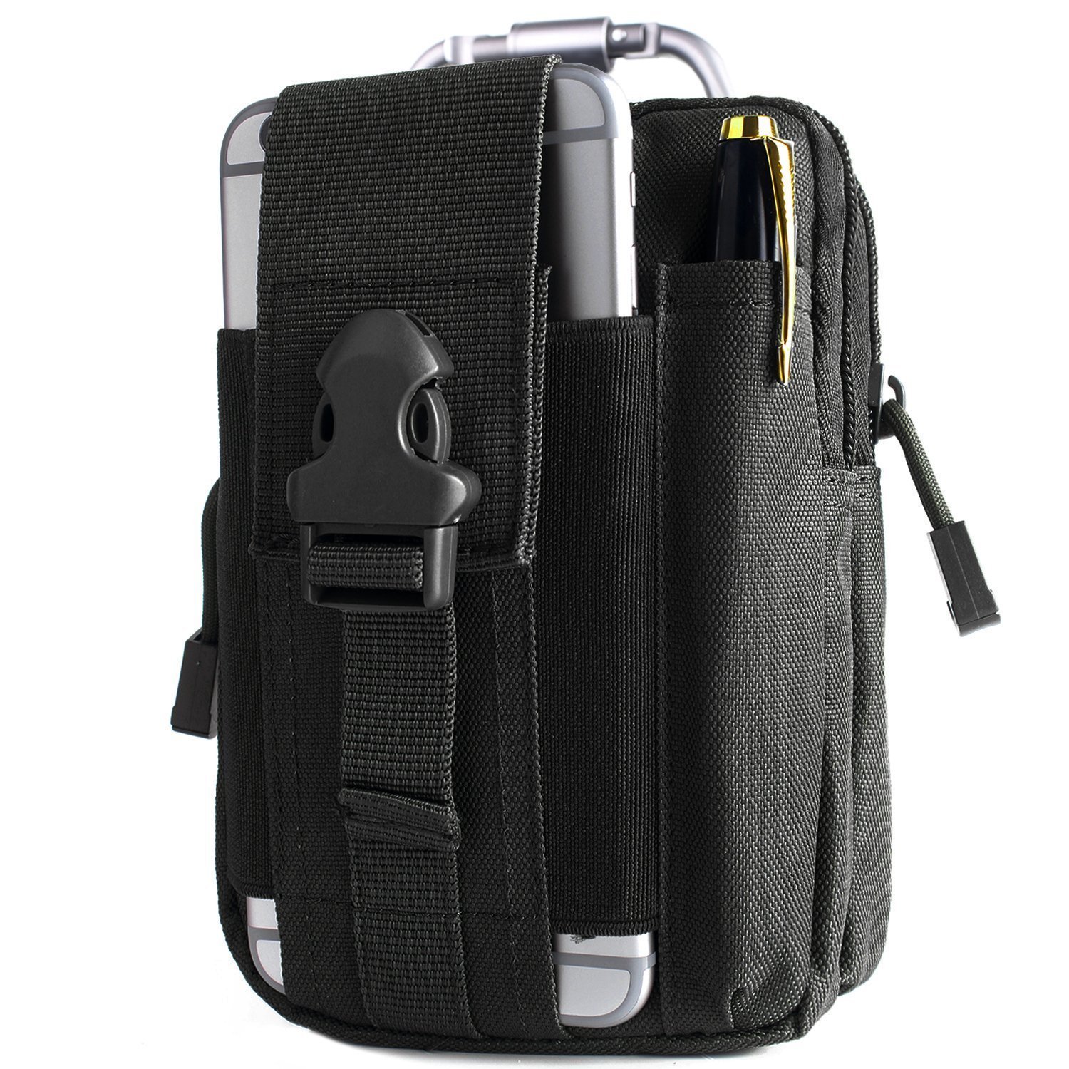 Compact Multi-Purpose Gadget Pouch Waist Bag in black, featuring multiple pockets and Molle system for versatile storage.