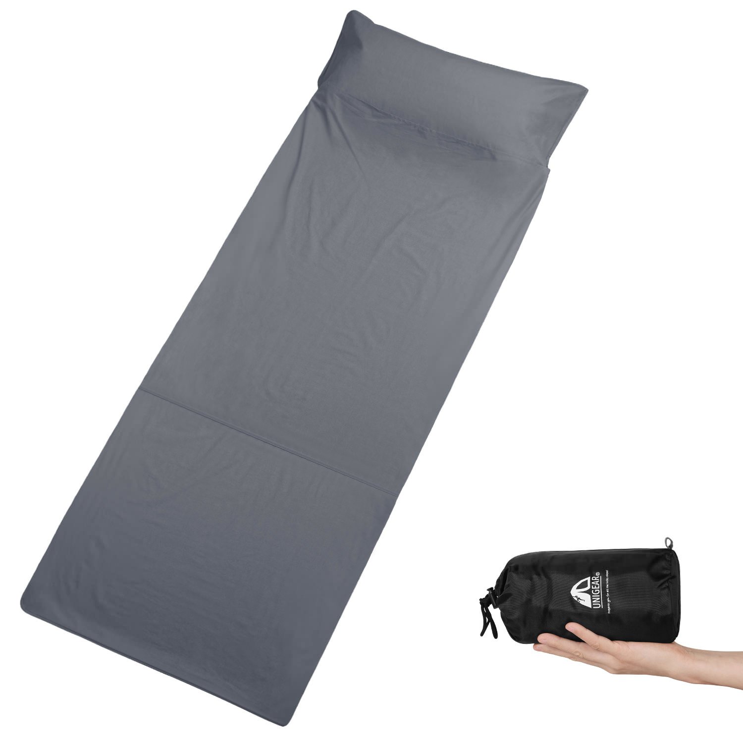 Cotton Liner for Sleeping Bag in gray color, showcasing its full-length zipper and soft fabric, ideal for camping and outdoor use.