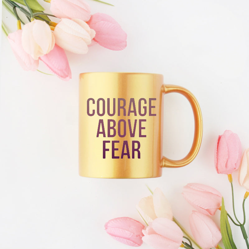 Courage Above Fear Gold & Silver Mug with elegant design and gold metallic coating, perfect for coffee or tea.