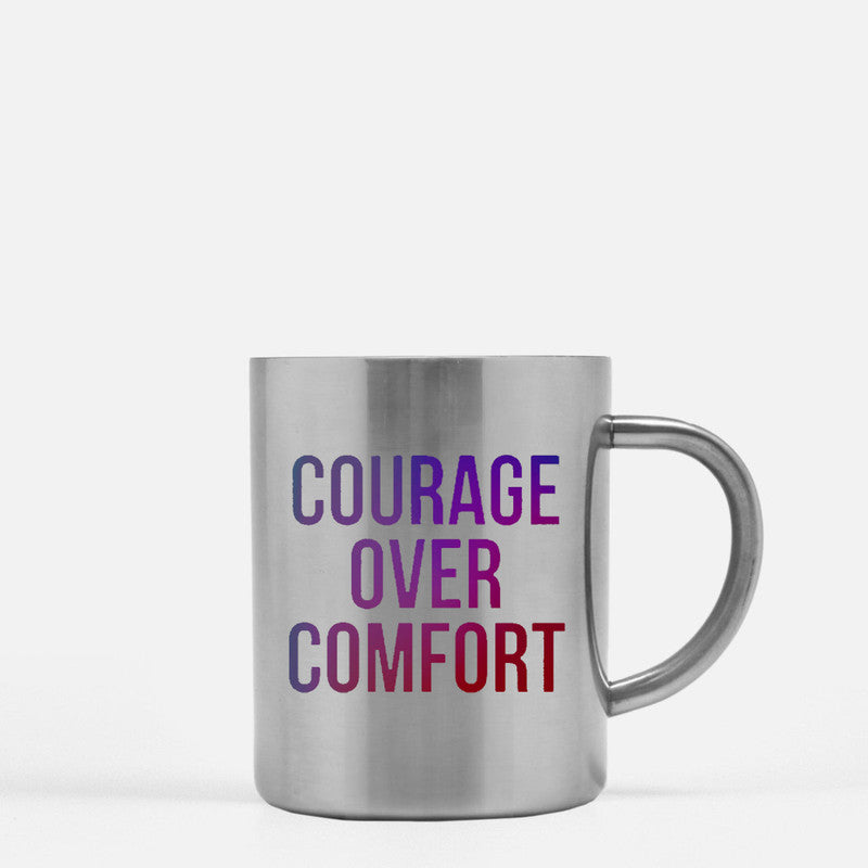 Courage Over Comfort Gold & Silver Mug with elegant design and gold metallic coating, showcasing its ceramic material and unique style.