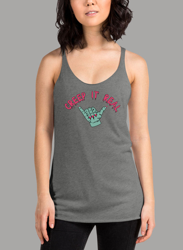 Creep It Real Women Tank Top featuring a girlie fit, racer back style, and curved back hem in a vibrant color.