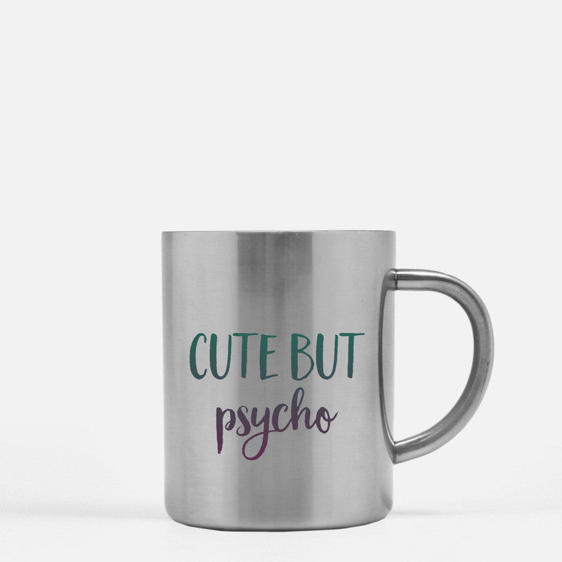 Cute But Psycho Gold and Silver Mug with unique design, made of ceramic, featuring a gold metallic coating.