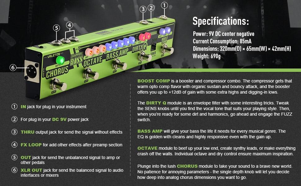 Dapper BASS Multi Effects Pedal Strip showcasing its 6 effects including tuner, chorus, and octaver in a compact design.