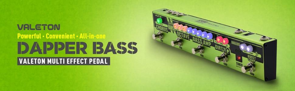 Dapper BASS Multi Effects Pedal Strip showcasing its 6 effects including tuner, chorus, and octaver in a compact design.