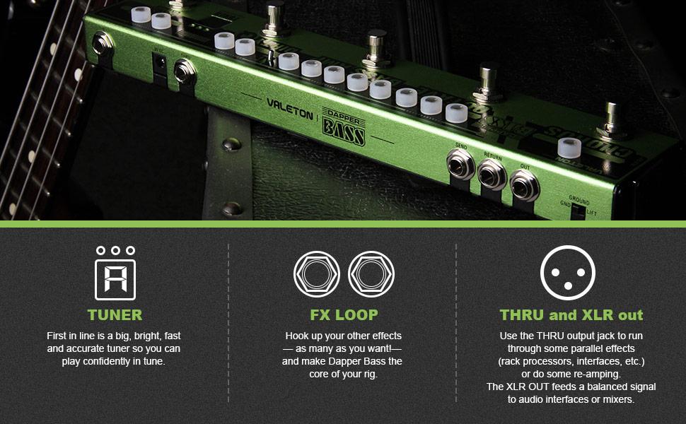 Dapper BASS Multi Effects Pedal Strip showcasing its 6 effects including tuner, chorus, and octaver in a compact design.