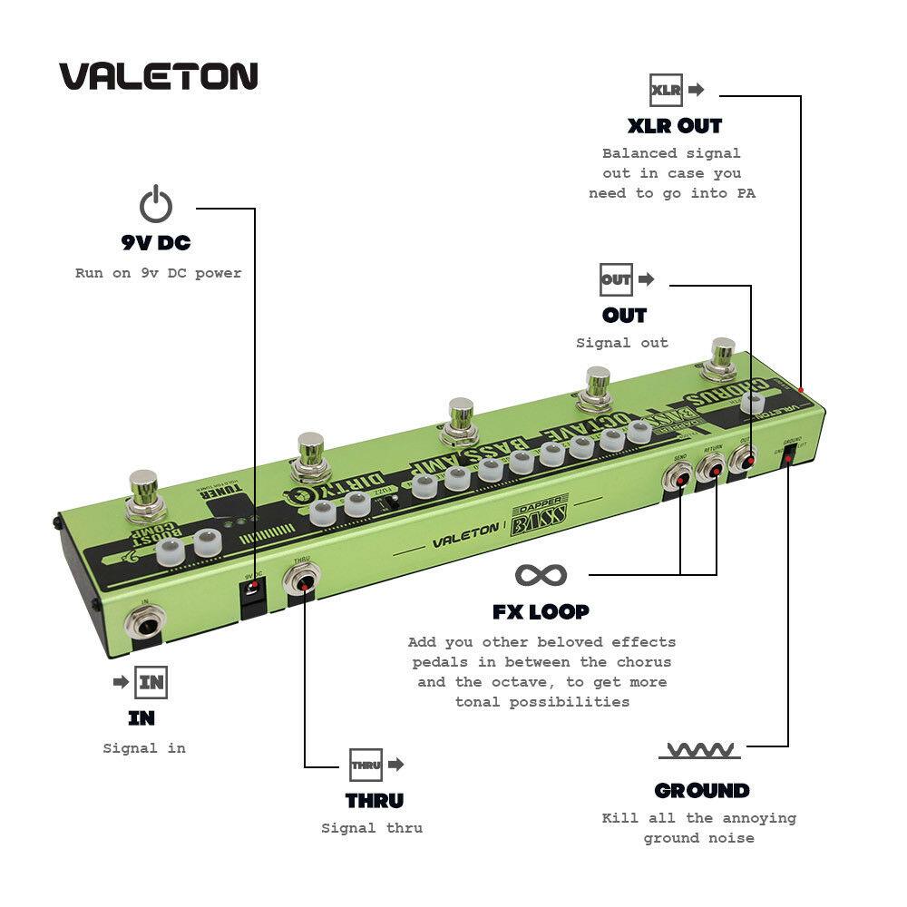 Dapper BASS Multi Effects Pedal Strip showcasing its 6 effects including tuner, chorus, and octaver in a compact design.