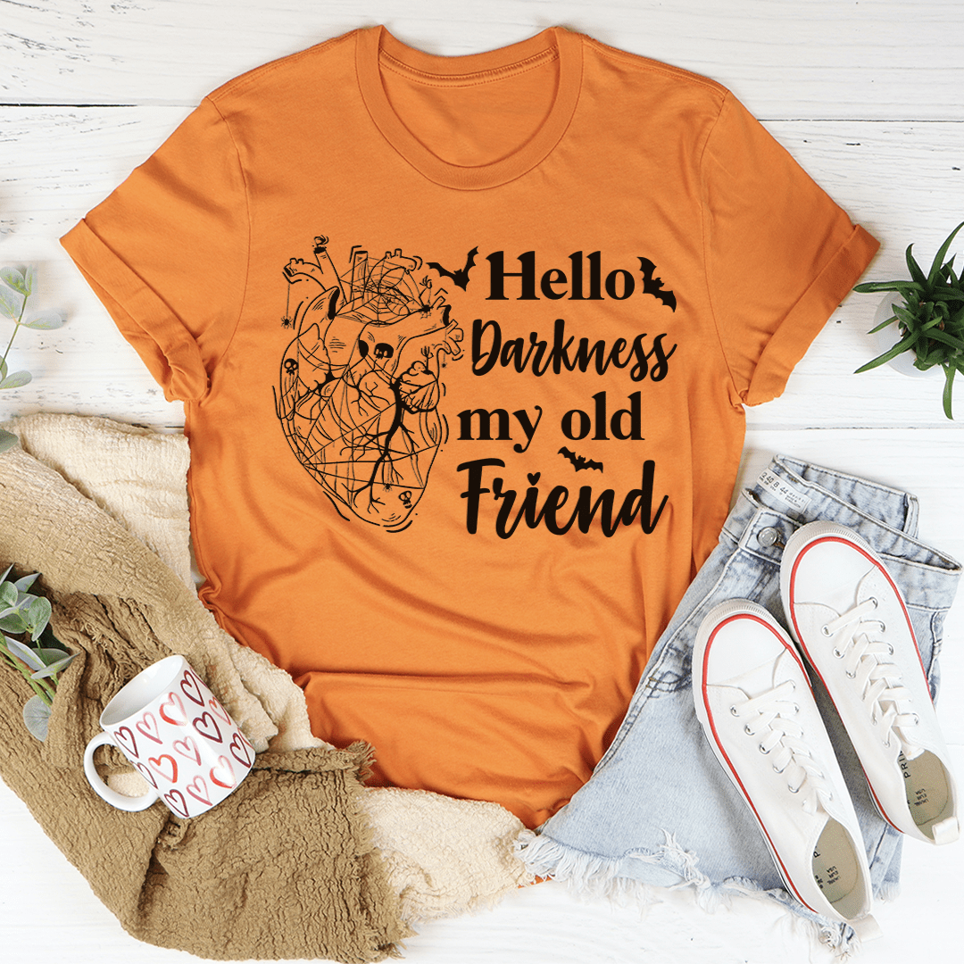 Darkness My Old Friend Tee, a soft and durable t-shirt made from ring-spun cotton, featuring double stitching for added durability.