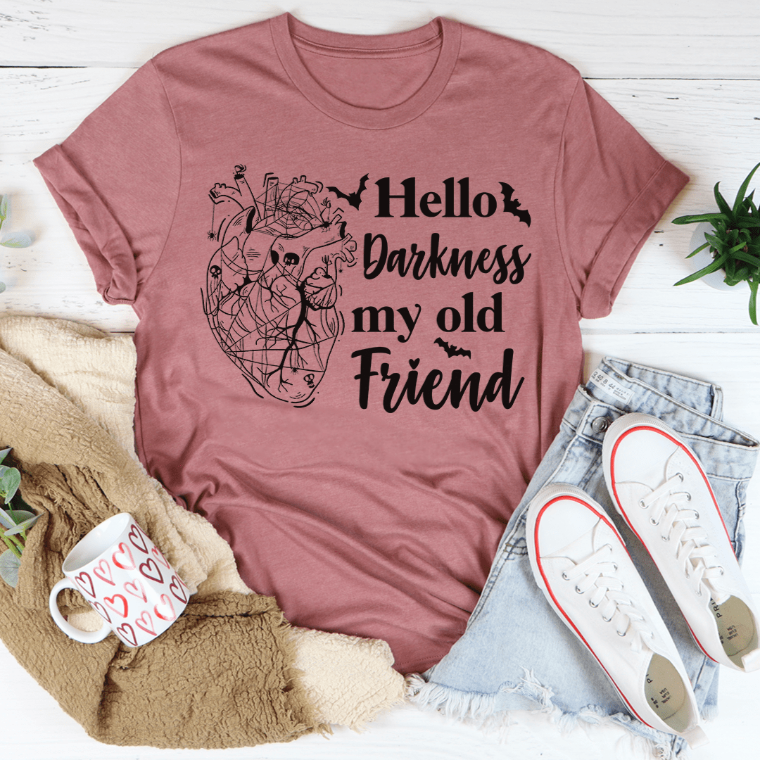 Darkness My Old Friend Tee, a soft and durable t-shirt made from ring-spun cotton, featuring double stitching for added durability.