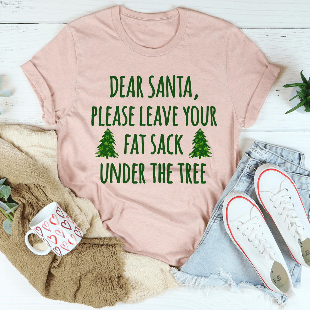 A festive t-shirt featuring the phrase 'Dear Santa Leave Your Fat Sack Under The Tree' in playful typography, made from soft cotton.