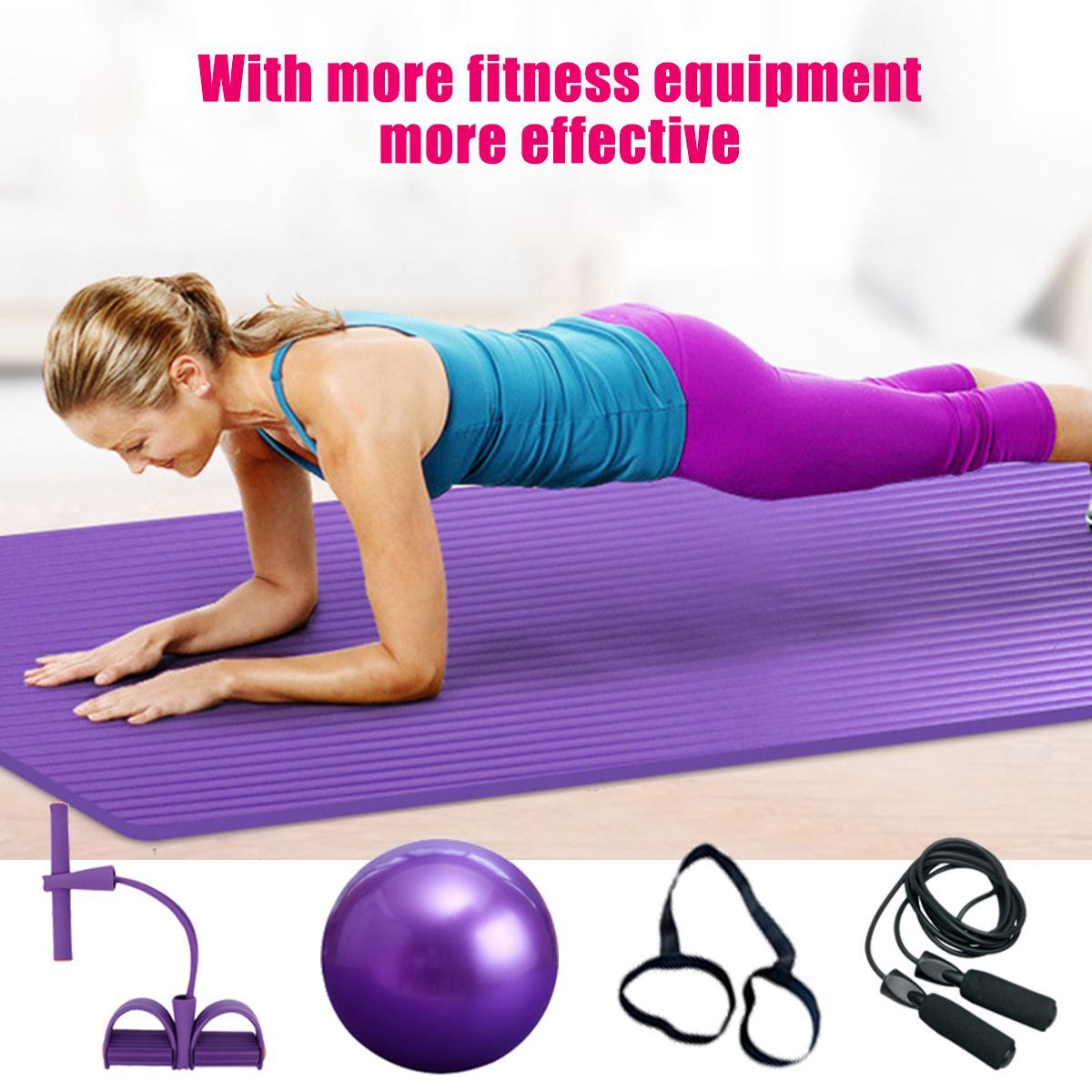 Deluxe Yoga Fitness 5 pcs Exercise Set including yoga mat, Pilates ball, skipping rope, and mesh bag for home workouts.