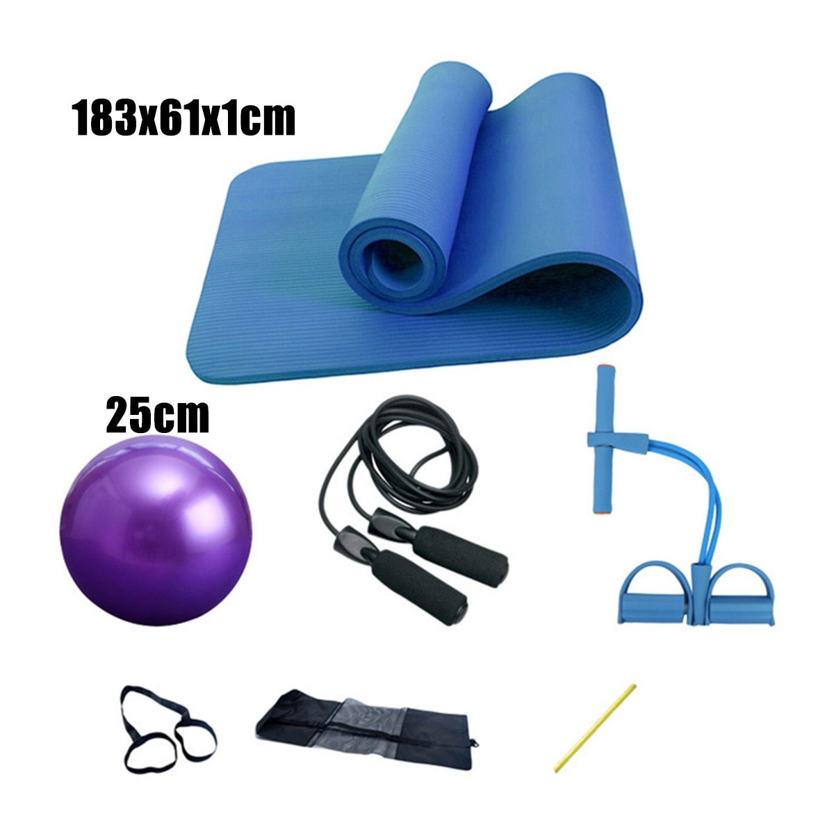 Deluxe Yoga Fitness 5 pcs Exercise Set including yoga mat, Pilates ball, skipping rope, and mesh bag for home workouts.