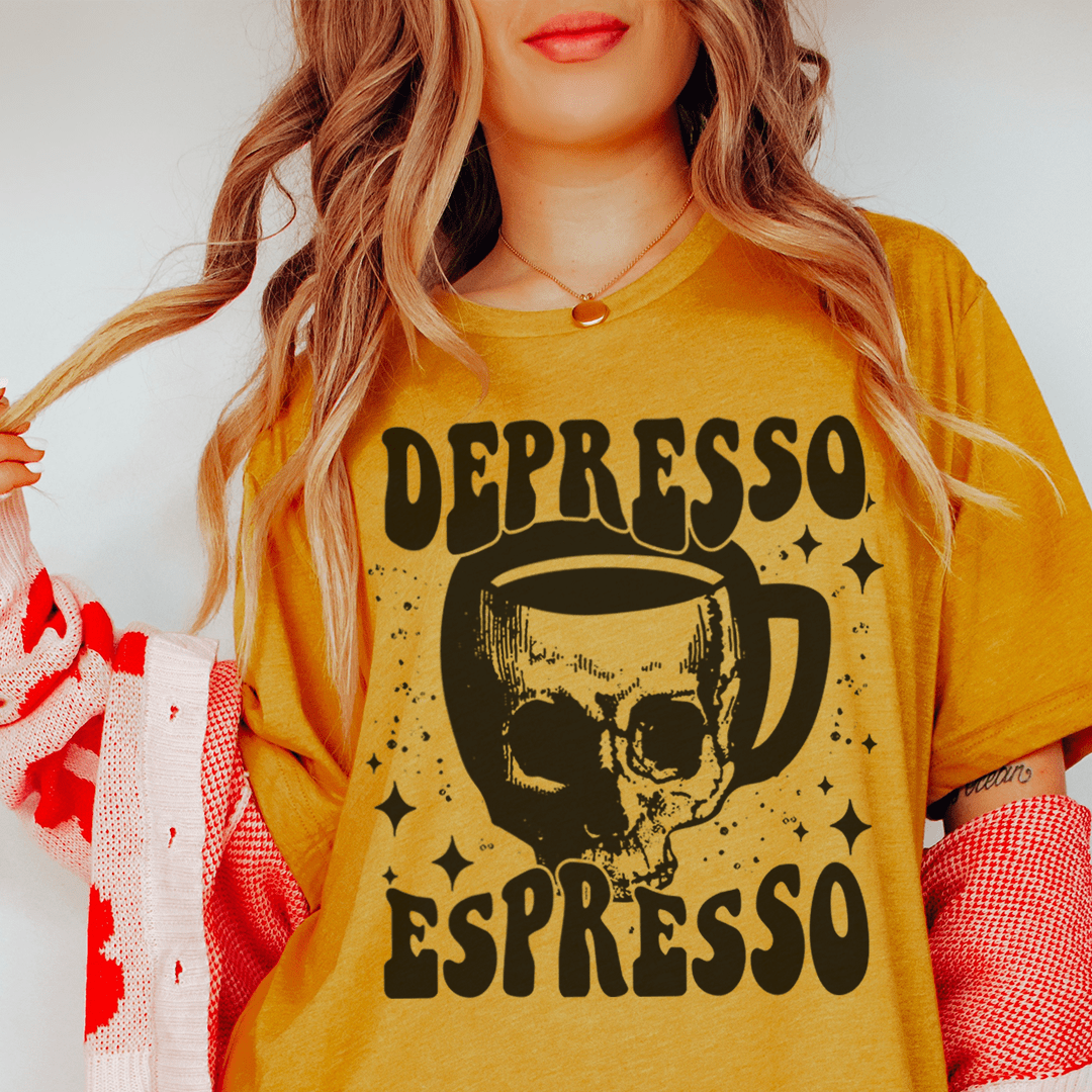 Depresso Espresso T-Shirt made of soft ring-spun cotton, featuring double stitching for durability and a stylish design.