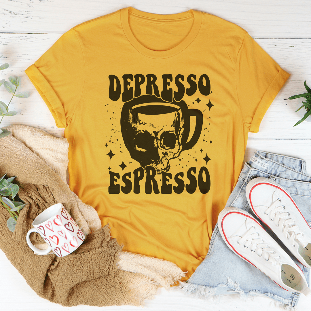 Depresso Espresso T-Shirt made of soft ring-spun cotton, featuring double stitching for durability and a stylish design.