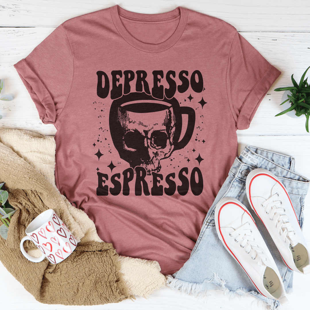 Depresso Espresso T-Shirt made of soft ring-spun cotton, featuring double stitching for durability and a stylish design.