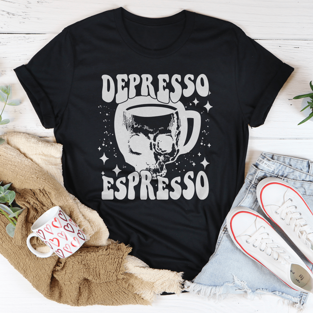 Depresso Espresso T-Shirt made of soft ring-spun cotton, featuring double stitching for durability and a stylish design.