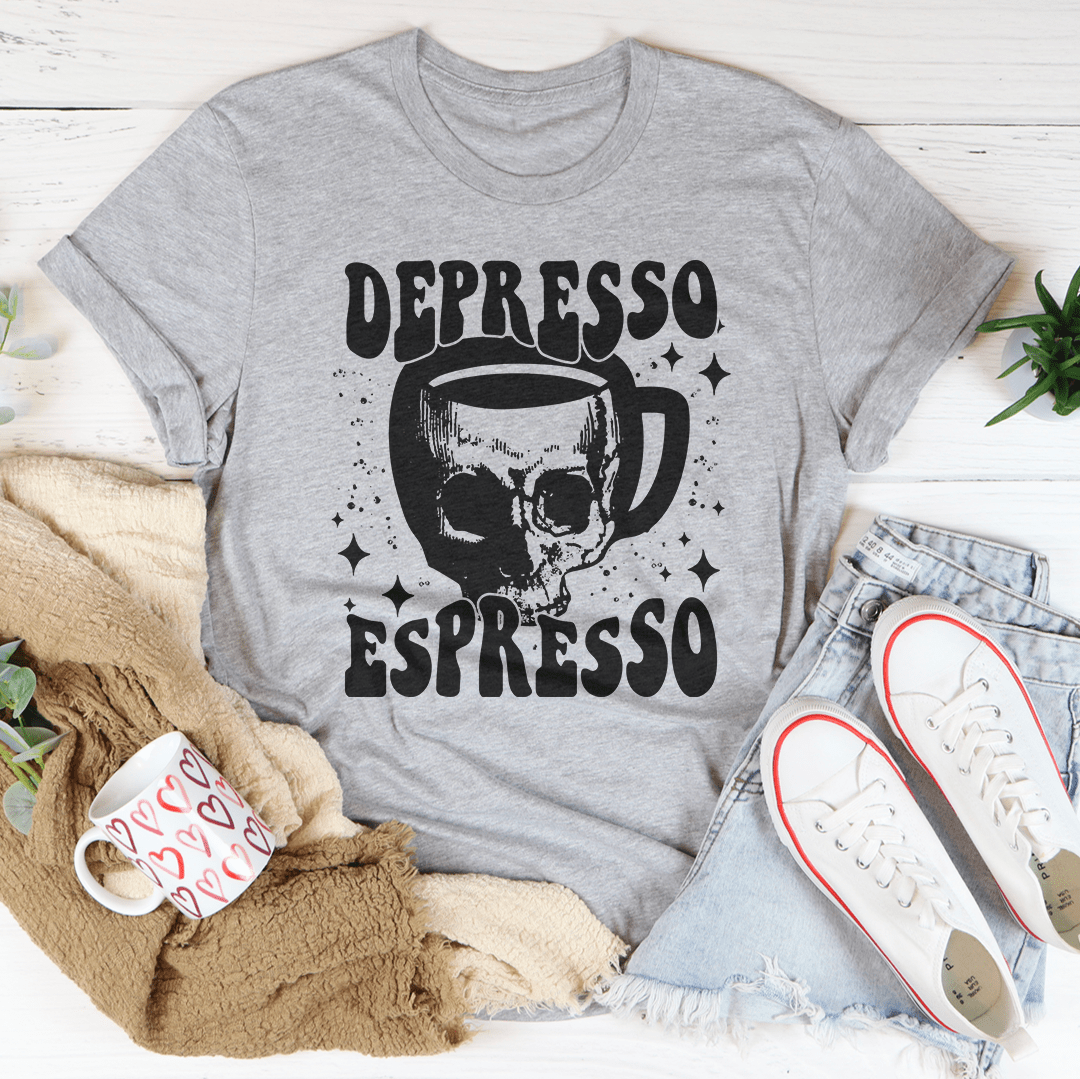 Depresso Espresso T-Shirt made of soft ring-spun cotton, featuring double stitching for durability and a stylish design.