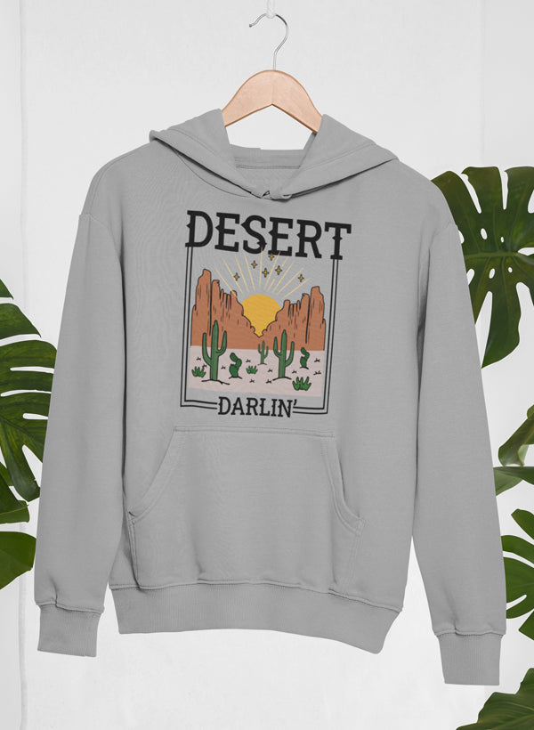 Desert Darlin' Hoodie featuring unique artistic designs, adjustable hood, and cozy fleece lining.