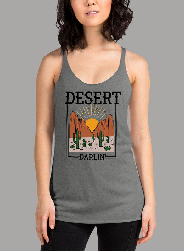 Desert Darlin Women Tank Top featuring a racer back design and curved hem, made from quick-drying Neoteric™ fabric.