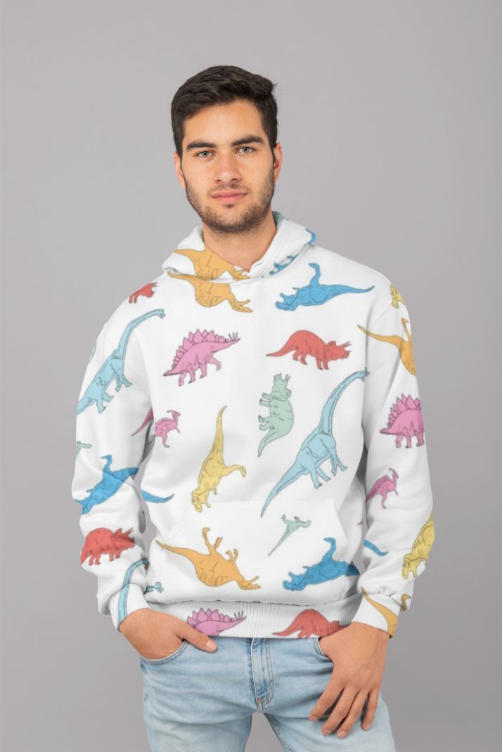 Dinosaur 3 UNISEX Sublimation Hoodie featuring vibrant dinosaur prints on a soft fabric, perfect for casual wear.