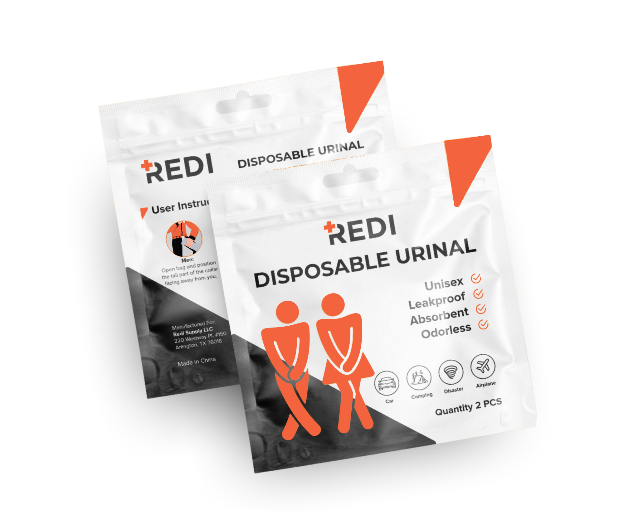 A pack of two Disposable Emergency Urinals, designed for convenience and portability, ideal for travel and emergencies.