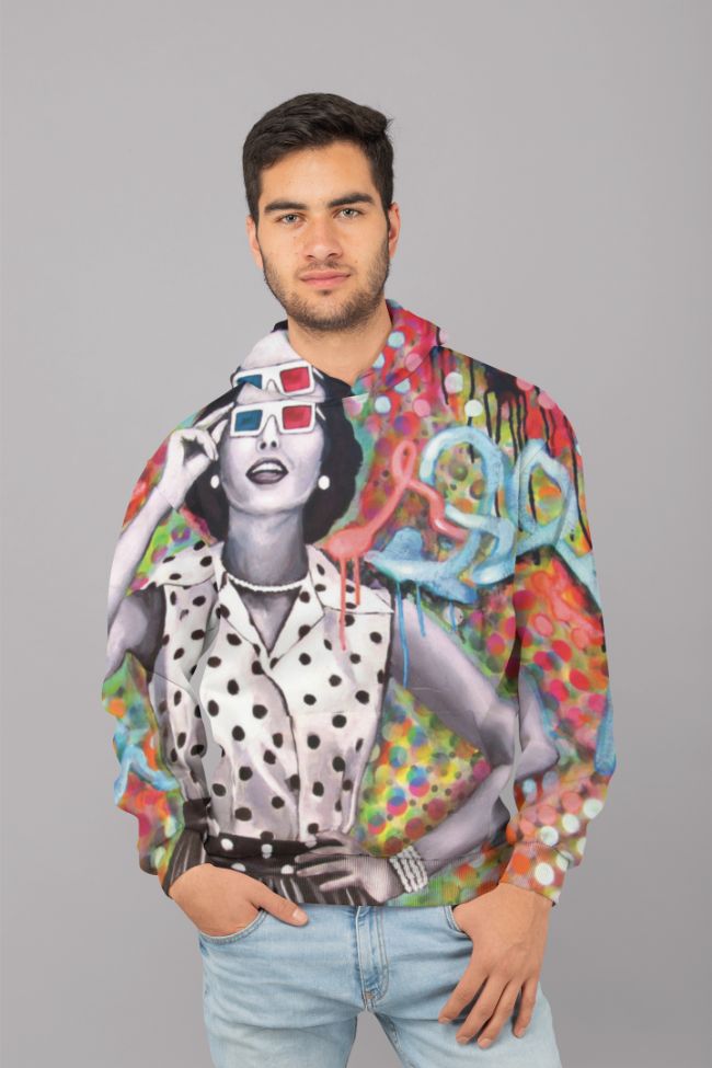 Distorted Perception UNISEX Sublimation Hoodie featuring vibrant colors and a soft polyester fabric.