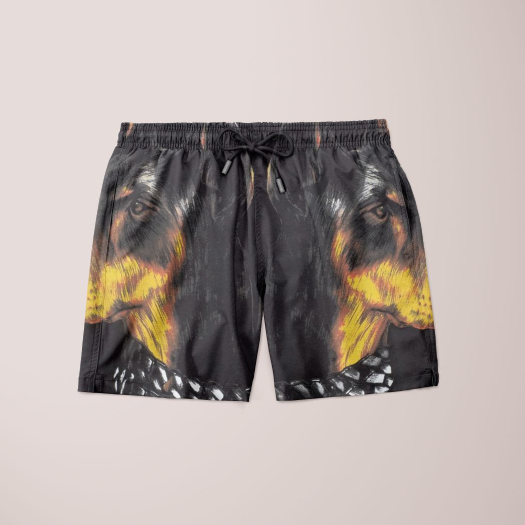 A pair of stylish Dog Art Shorts featuring a vibrant full print design, made from 100% microfiber, showcasing a mirrored back.