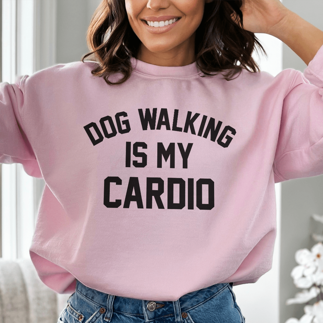 A stylish women performance tank top with 'Dog Walking Is My Cardio' printed, featuring a racer back design and curved hem.