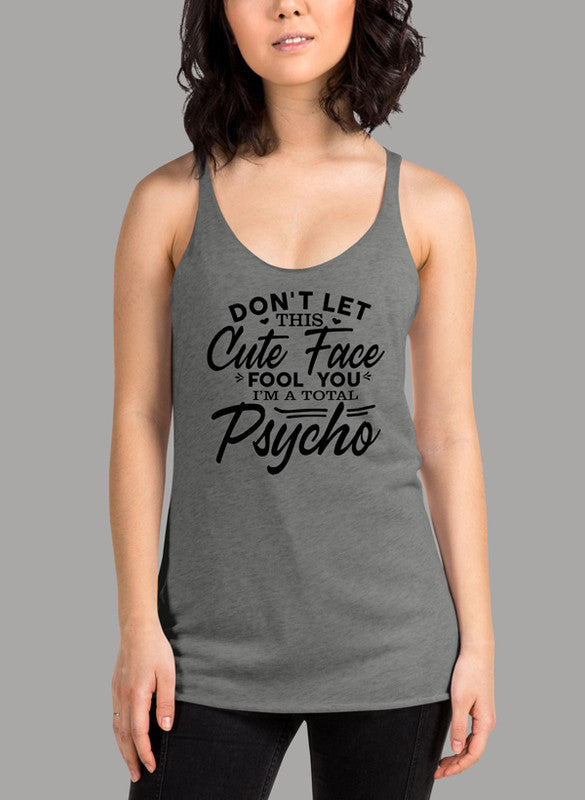 A stylish women tank top featuring a cute design, racer back style, and curved back hem, perfect for workouts and casual wear.