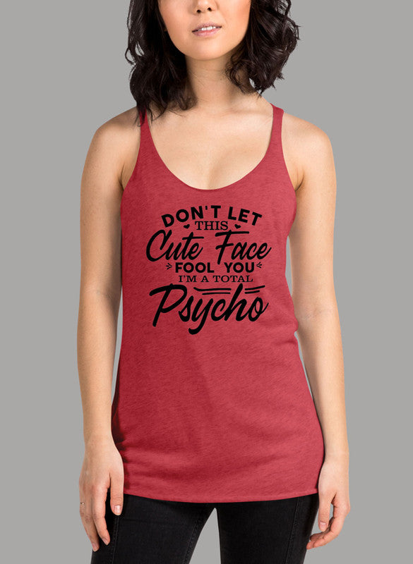 A stylish women tank top featuring a cute design, racer back style, and curved back hem, perfect for workouts and casual wear.