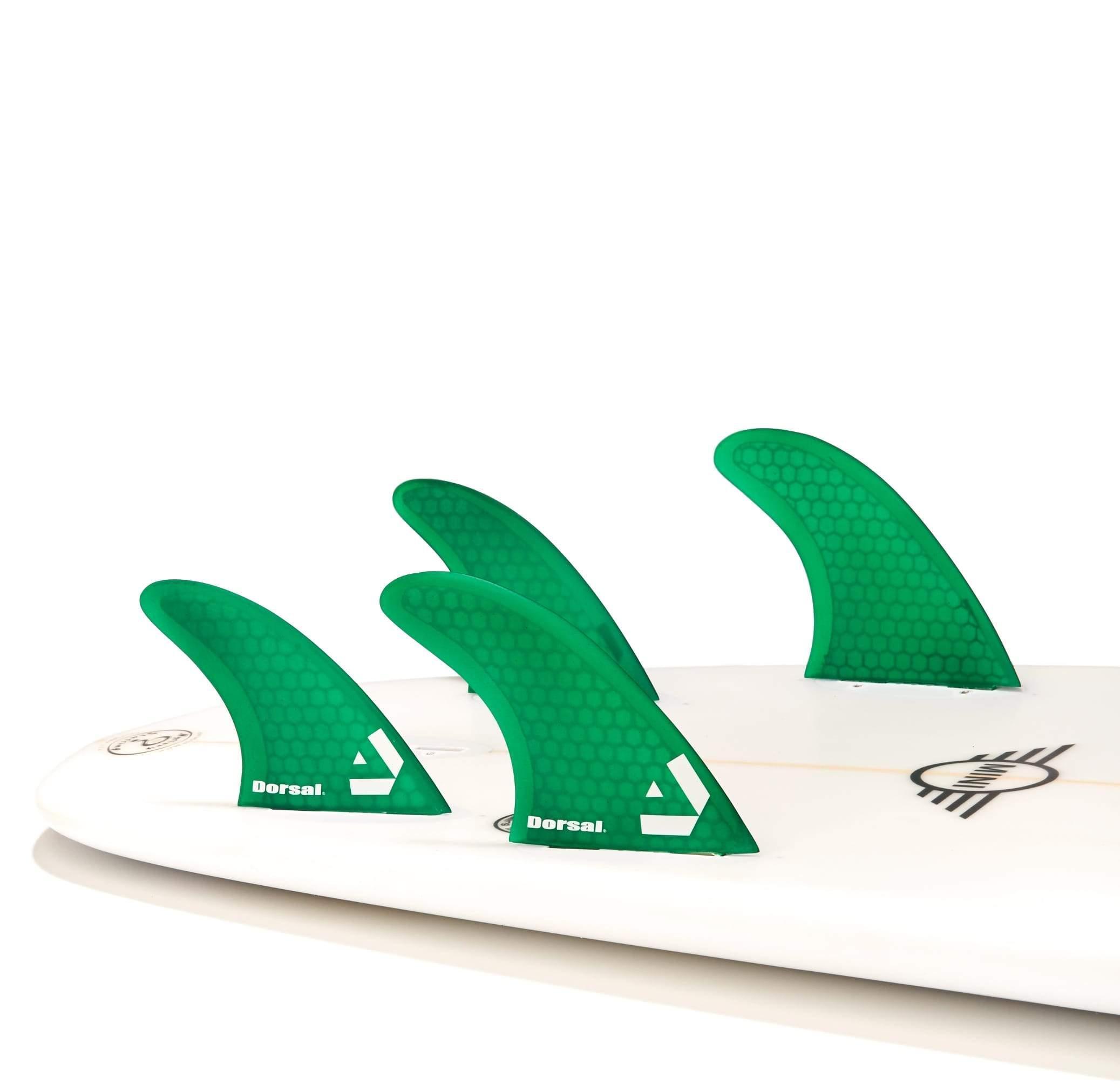 DORSAL Surfboard Fins Quad 4 Set in green, FCS compatible, designed for smooth transitions and performance.