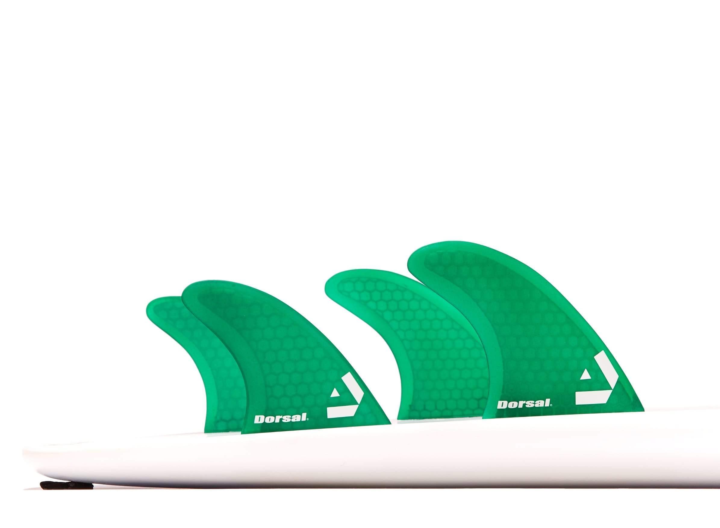 DORSAL Surfboard Fins Quad 4 Set in green, FCS compatible, designed for smooth transitions and performance.