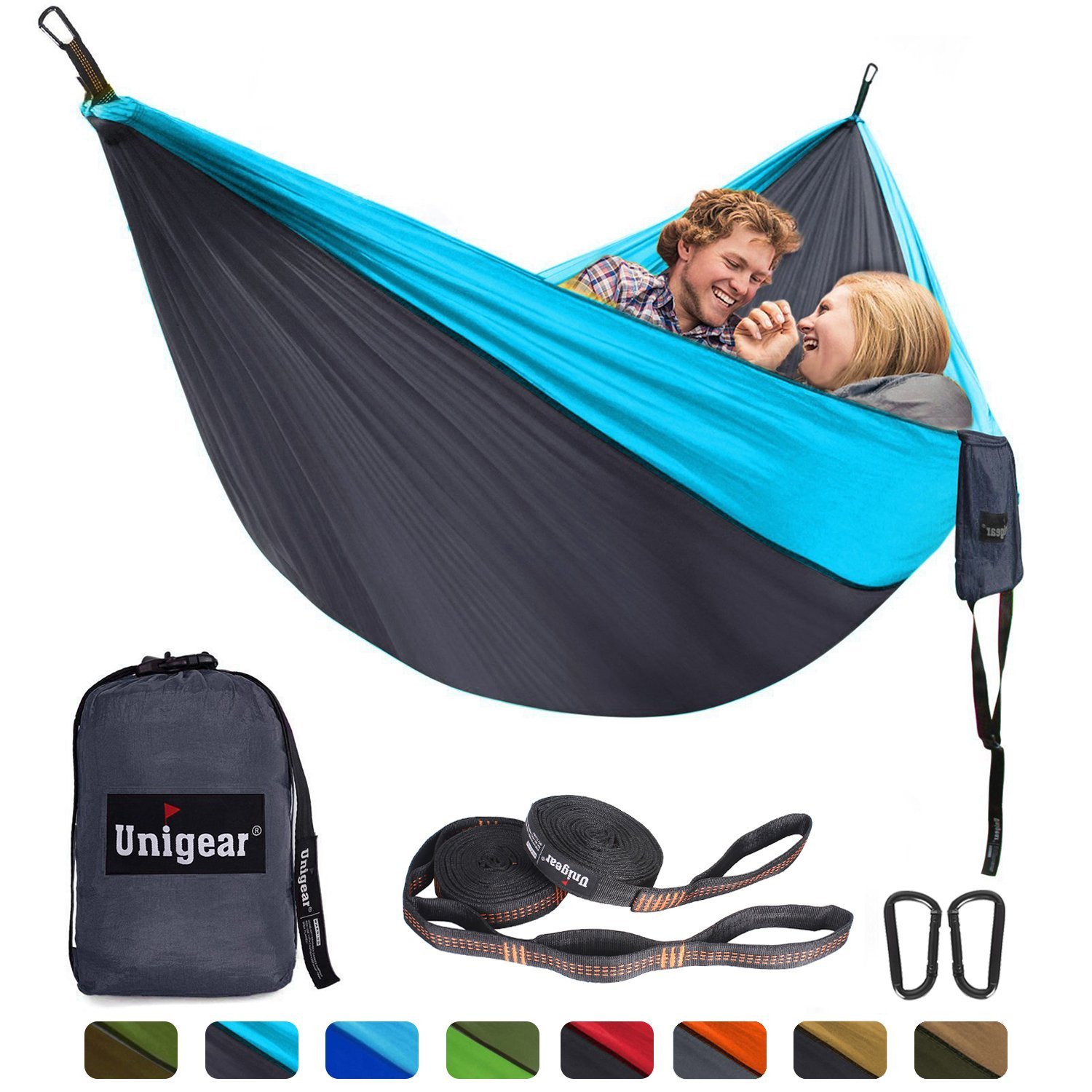 Double/Single Portable Hammock Set featuring adjustable tree straps and durable parachute nylon material, ideal for outdoor relaxation.