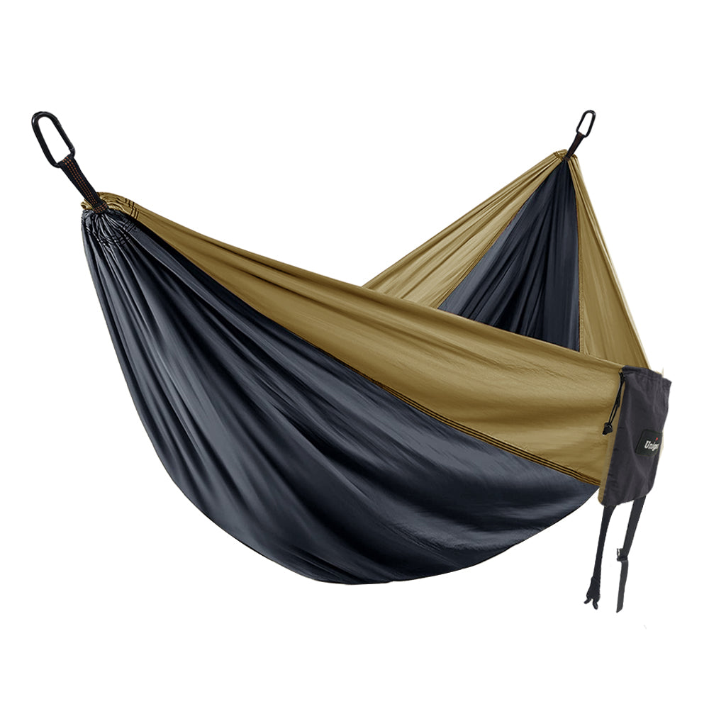 Double/Single Portable Hammock Set featuring adjustable tree straps and durable parachute nylon material, ideal for outdoor relaxation.