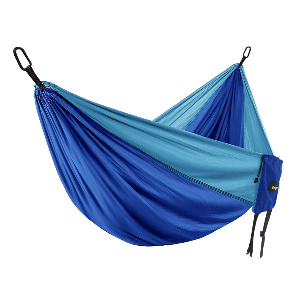 Double/Single Portable Hammock Set featuring adjustable tree straps and durable parachute nylon material, ideal for outdoor relaxation.