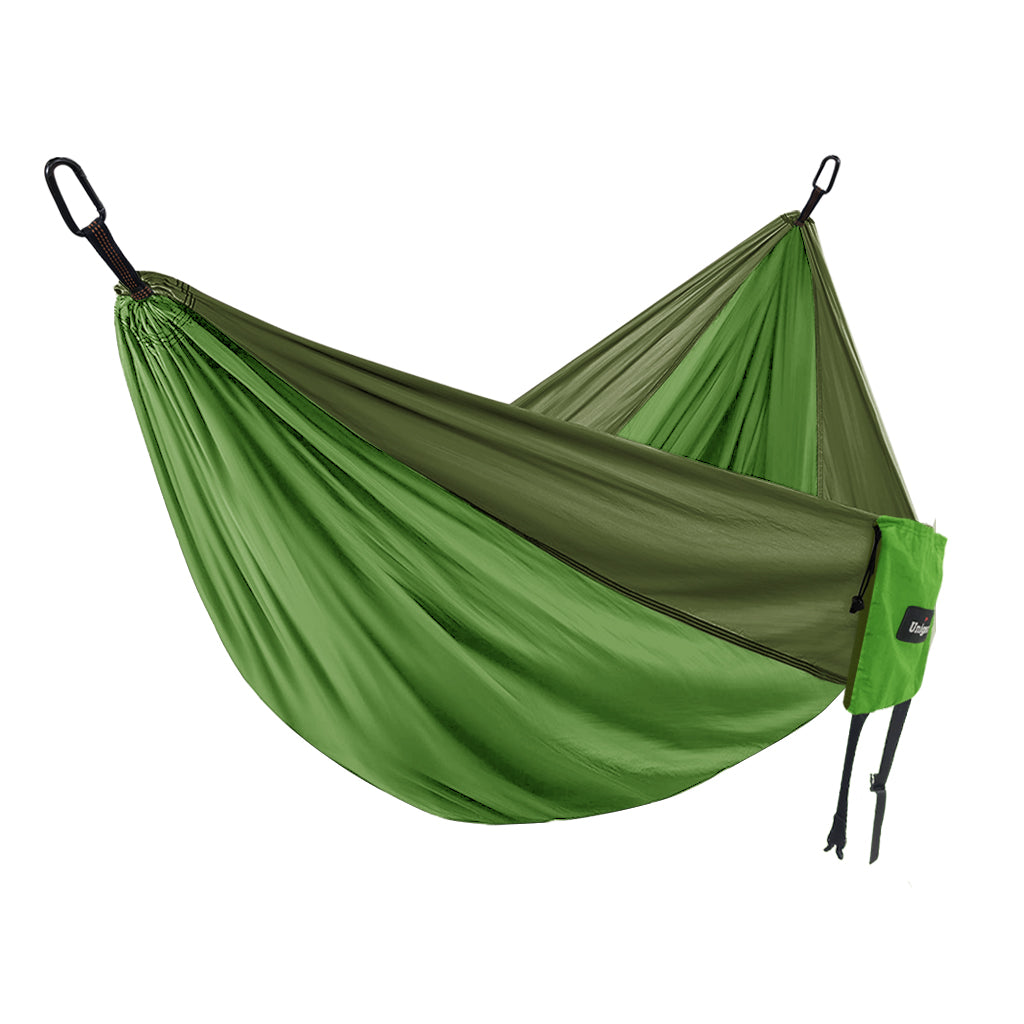 Double/Single Portable Hammock Set featuring adjustable tree straps and durable parachute nylon material, ideal for outdoor relaxation.