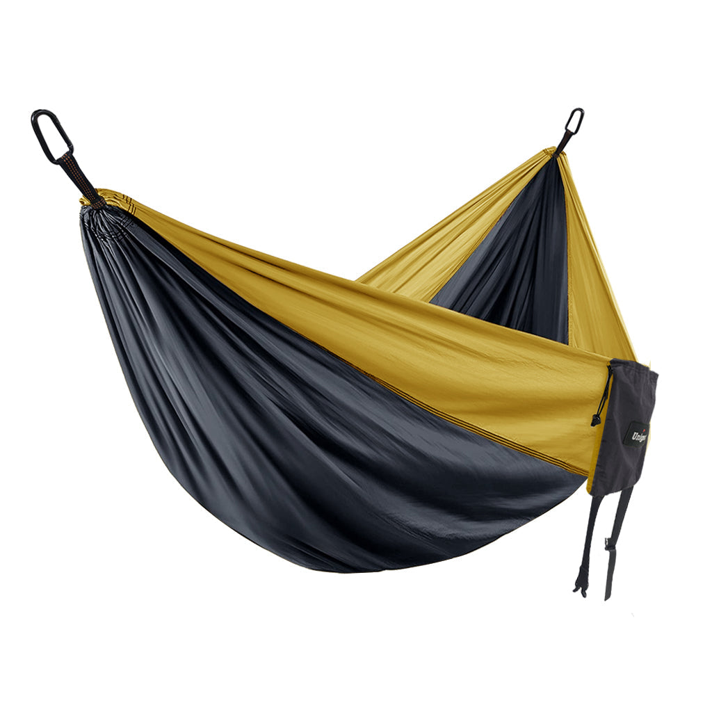 Double/Single Portable Hammock Set featuring adjustable tree straps and durable parachute nylon material, ideal for outdoor relaxation.