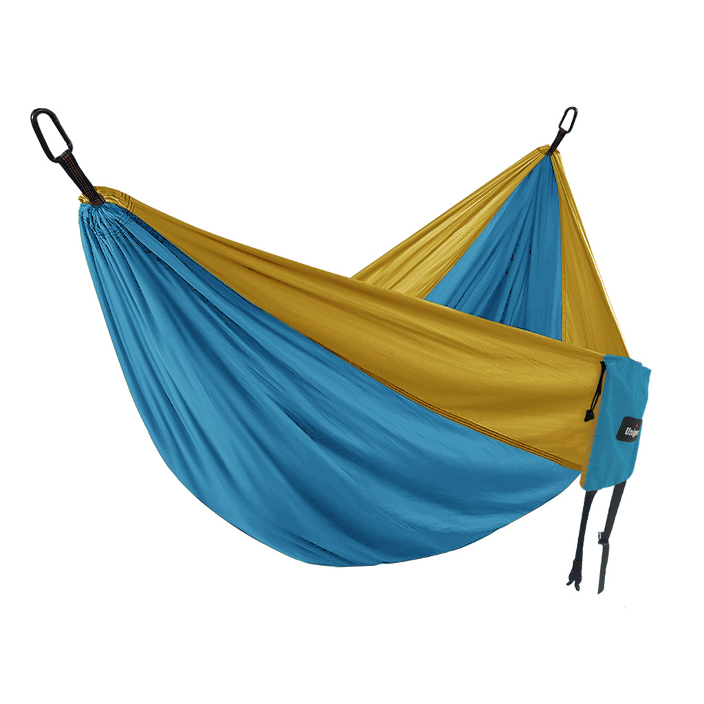 Double/Single Portable Hammock Set featuring adjustable tree straps and durable parachute nylon material, ideal for outdoor relaxation.