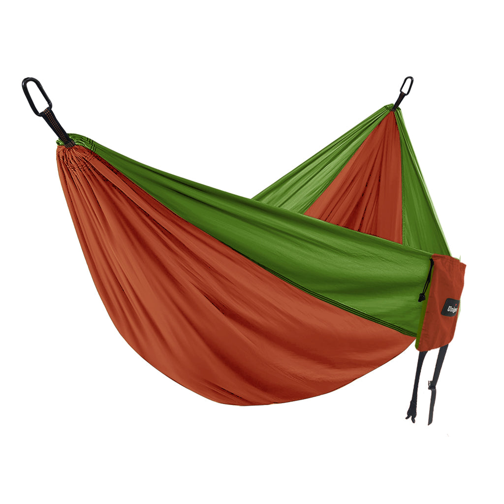 Double/Single Portable Hammock Set featuring adjustable tree straps and durable parachute nylon material, ideal for outdoor relaxation.