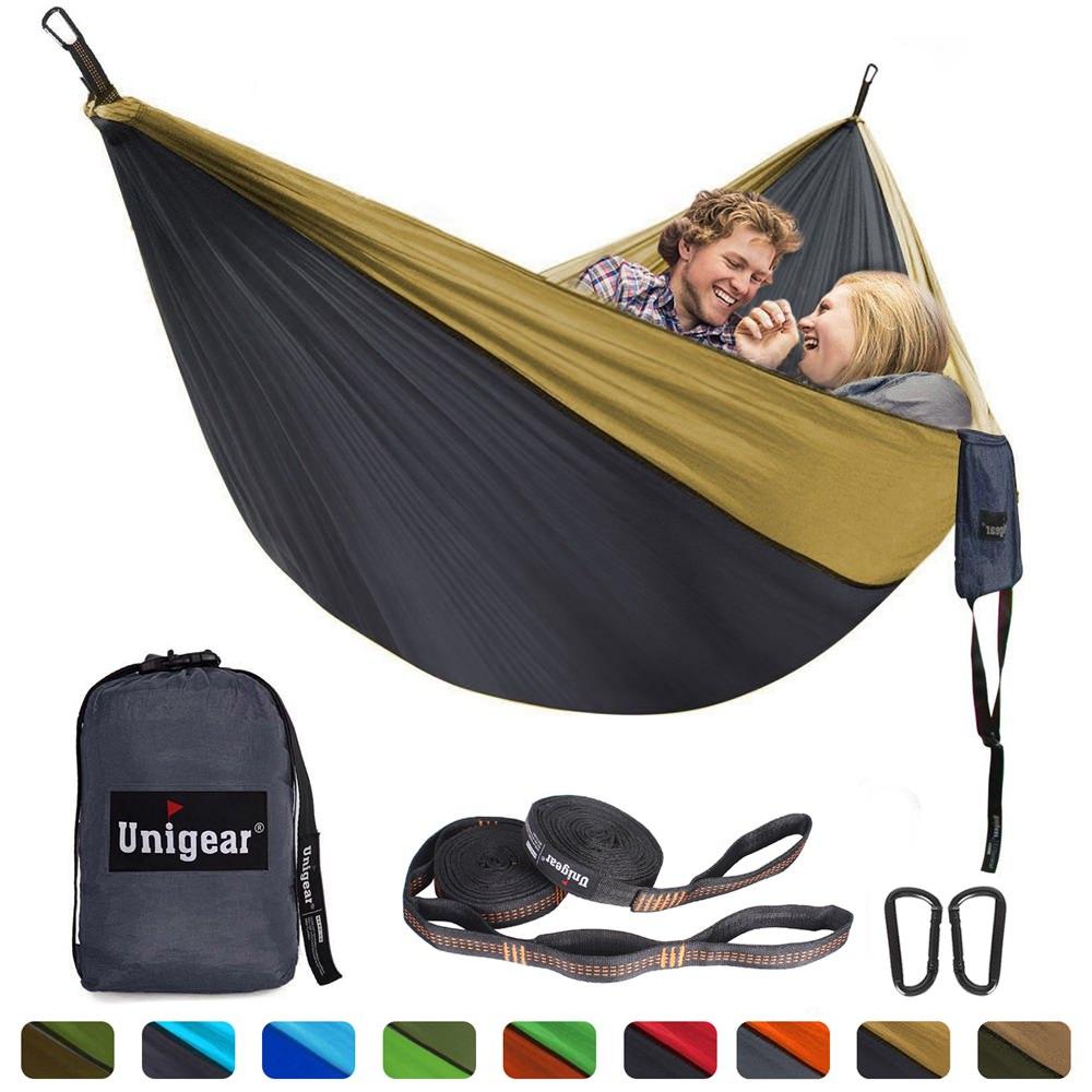 Double/Single Portable Hammock Set featuring adjustable tree straps and durable parachute nylon material, ideal for outdoor relaxation.