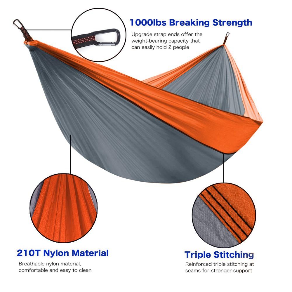 Double/Single Portable Hammock Set featuring adjustable tree straps and durable parachute nylon material, ideal for outdoor relaxation.