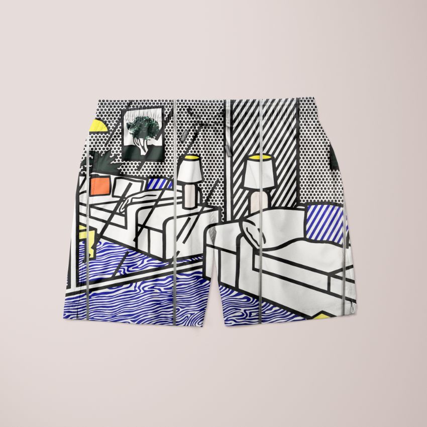 A pair of vibrant Drawing Room Pop Art Shorts featuring a unique full print design, made from 100% microfiber, showcasing artistic flair and comfort.