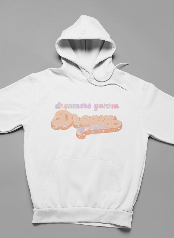 Dreamers Gonna Dream Hoodie featuring unique artistic designs, adjustable hood, and cozy fleece lining.