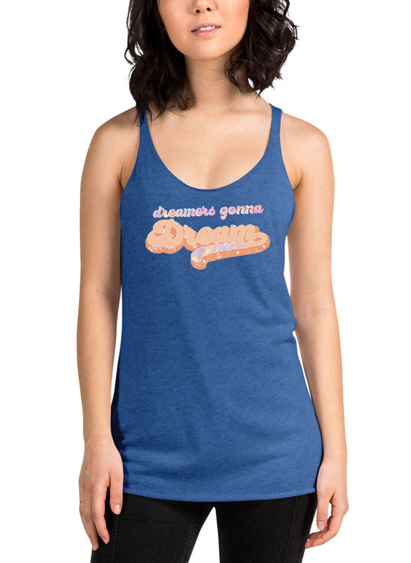 Dreamers Gonna Dream Women Tank Top in a stylish racer back design, showcasing its curved back hem and Neoteric™ fabric.