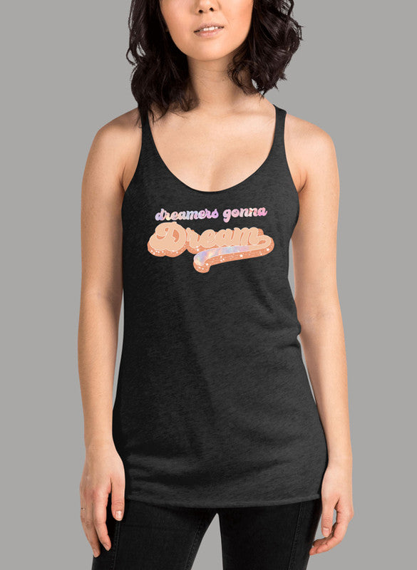 Dreamers Gonna Dream Women Tank Top in a stylish racer back design, showcasing its curved back hem and Neoteric™ fabric.