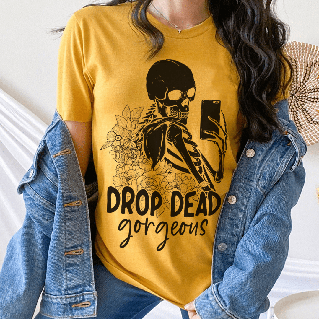 A stylish Drop Dead Gorgeous T-Shirt made from soft ring-spun cotton, featuring double stitching for durability and a comfortable fit.