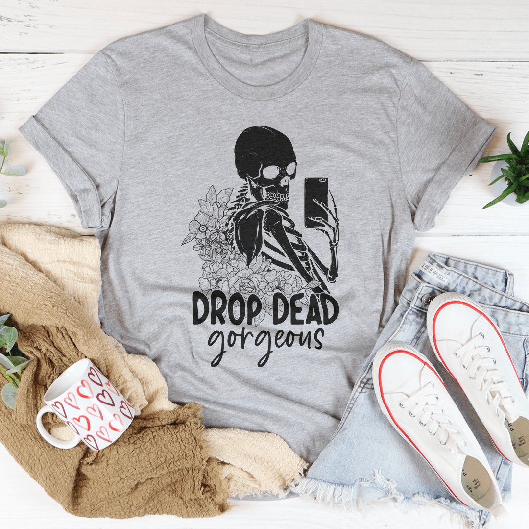 A stylish Drop Dead Gorgeous T-Shirt made from soft ring-spun cotton, featuring double stitching for durability and a comfortable fit.