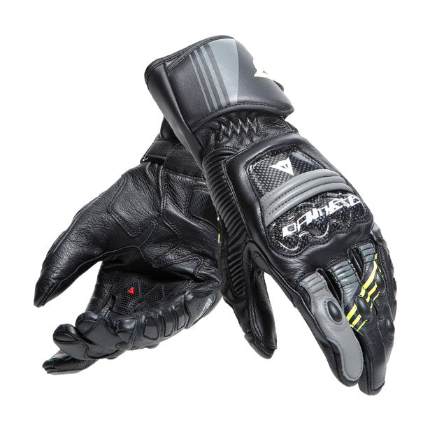 Dainese Druid 4 leather racing gloves showcasing carbon inserts and ergonomic design.