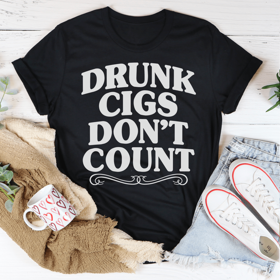 Drunk Cigs Don't Count T-Shirt displayed on a mannequin, showcasing its soft cotton fabric and vibrant print.